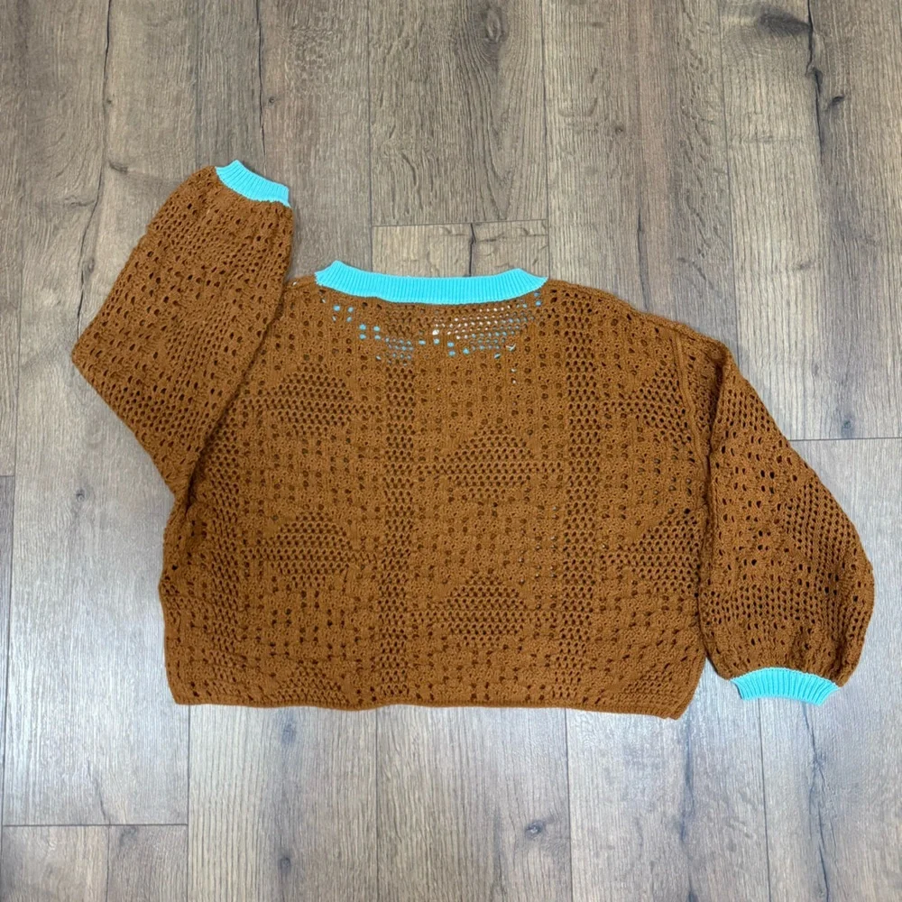 FREE PEOPLE brown and blue lined‎ crop sweater